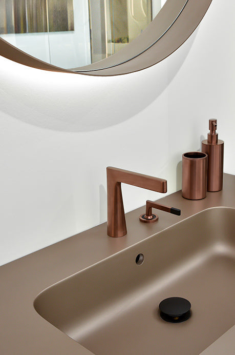 Modern white minimal vanity unit with fluted front and rectangular mirror.