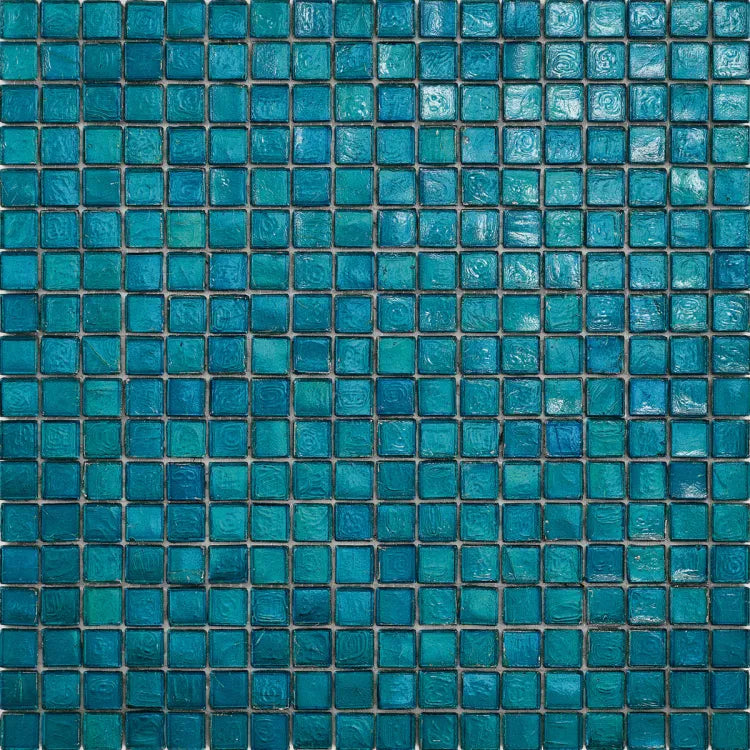 Turquoise glass mosaic tiles by SICIS® with shimmering surfaces.