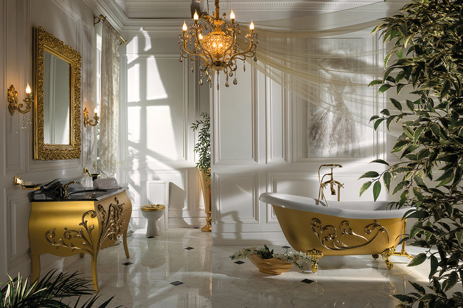 Andante Gold-Black bathroom furniture set with black marble top and gold bathtub