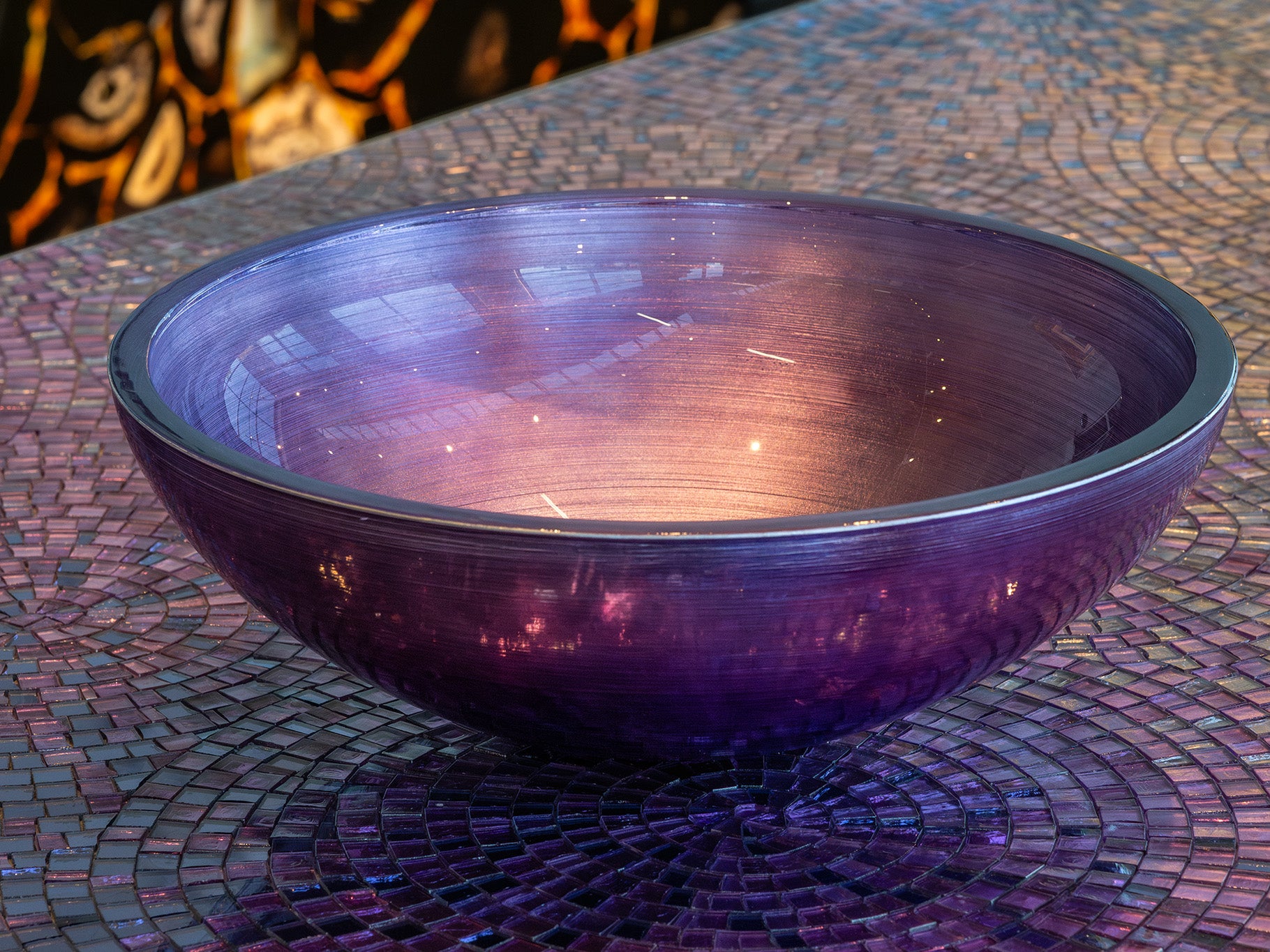 Round premium glass basin in Purple. A jewel for your bathroom: with a fluted interior finish from Italian craftsmanship by Sicis, available in the Tiamont online boutique for refined bathroom furniture.