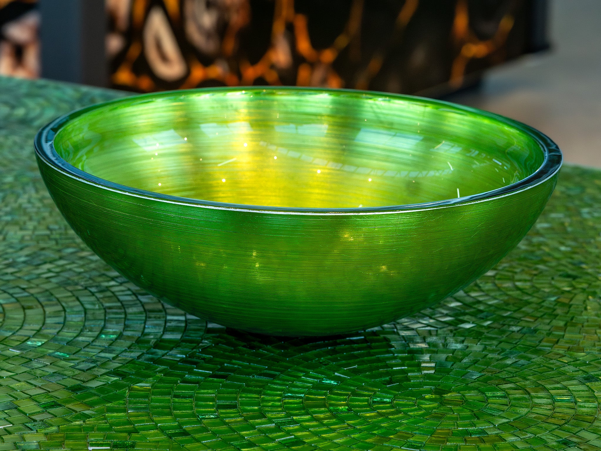 Round premium glass basin in Green. A jewel for your bathroom: with a fluted interior finish from Italian craftsmanship by Sicis, available in the Tiamont online boutique for refined bathroom furniture.