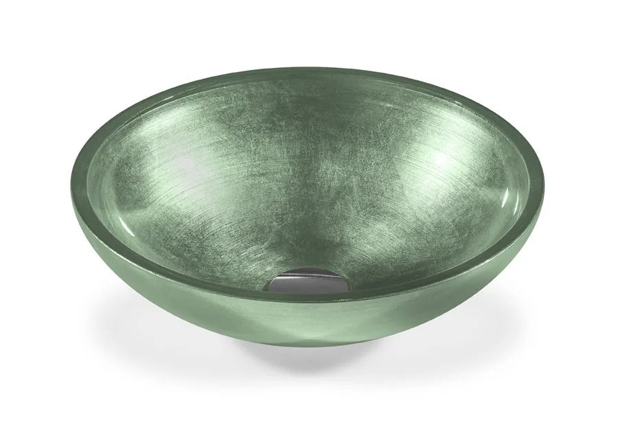 SICIS® Doh Glaswaschbecken Garcinia rund in Salbei – Aufsatzwaschbecken Ø 40 cm aus bleifreiem Glas mit Rigato-Rillenstruktur