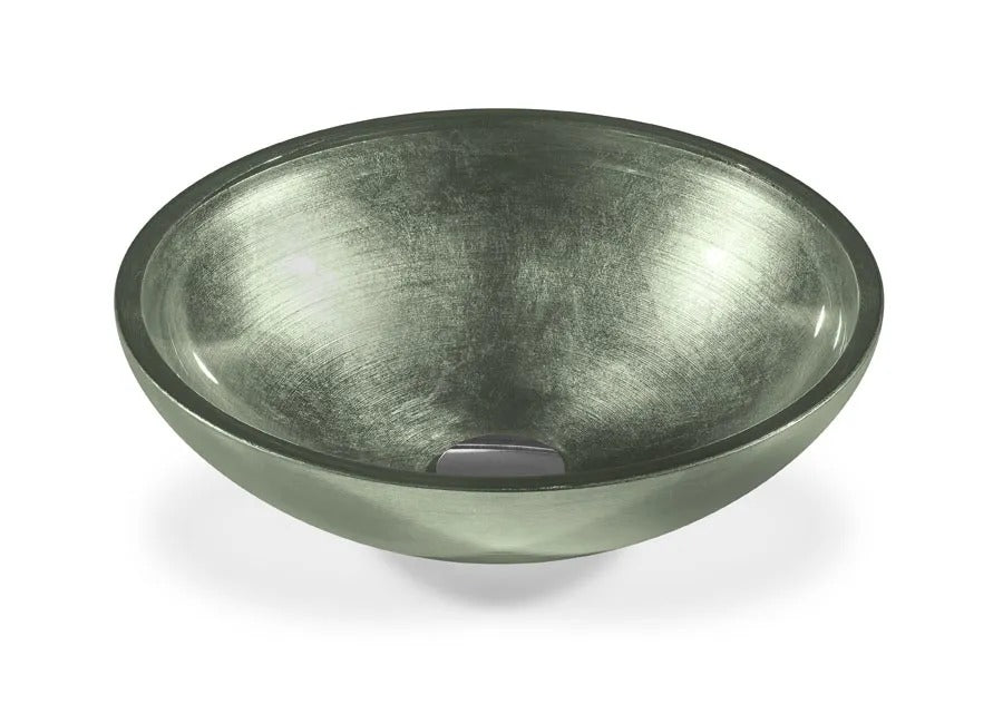 SICIS® Doh Glaswaschbecken Gintory rund in Graugrün – Aufsatzwaschbecken Ø 40 cm aus bleifreiem Glas mit Rigato-Rillenstruktur