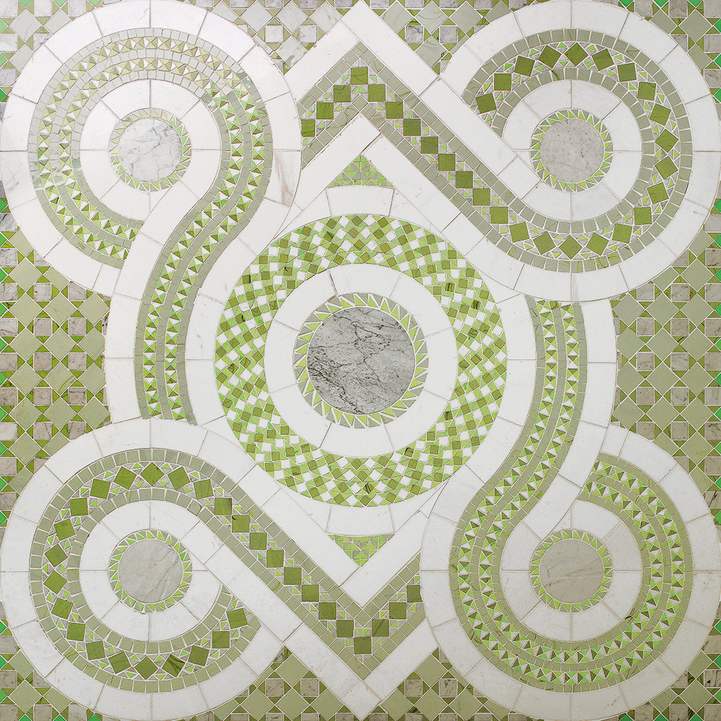 The best of Italy with the handmade green marble mosaic tiles from the exquisite Cosmati collection by SICIS®. Welcome to Tiamont — we are happy to advise you.