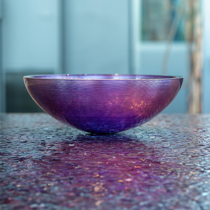 Round premium glass basin in Purple. Fluted interior finish, Italian craftsmanship by Sicis, available from the Tiamont online boutique for refined bathroom furniture.