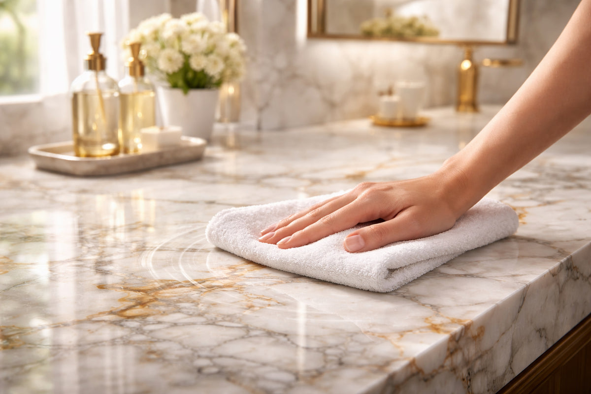 Marble cleaning and care guide from Tiamont: removing marble stains, impregnating, regular care, water marks, limescale stains, rust stains, grease stains, prohibited materials, tips for bathroom marble, explained quickly.