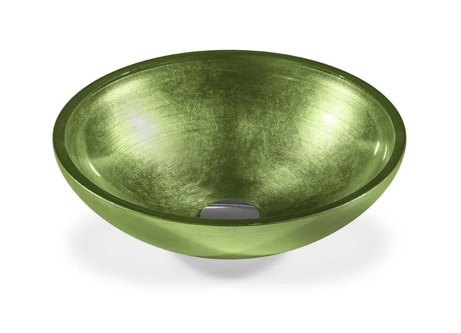 SICIS® Doh Glaswaschbecken Neide 3 rund in Moosgrün – Aufsatzwaschbecken Ø 40 cm aus bleifreiem Glas mit Rigato-Rillenstruktur