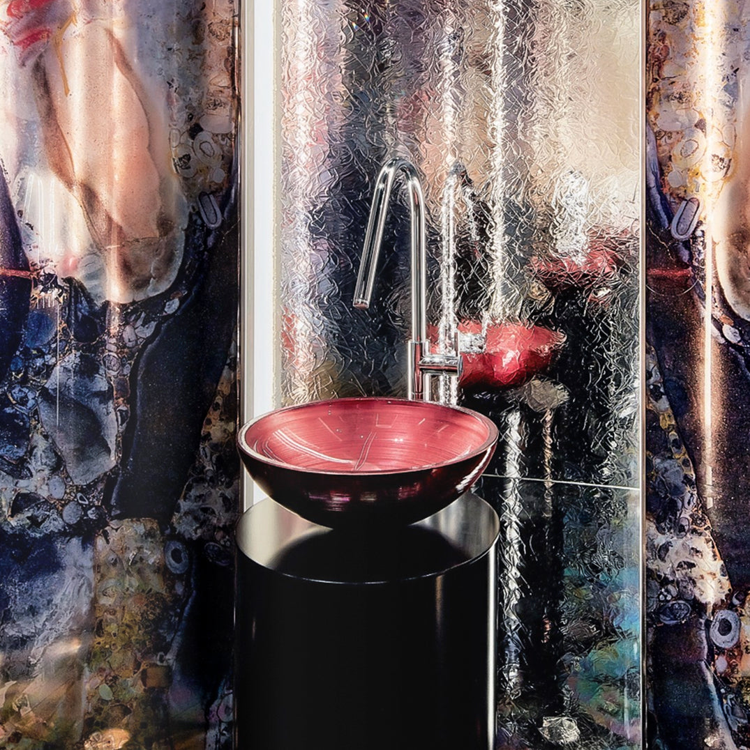 Designer glass basin by SICIS® at Tiamont. Round, red glass basin. 