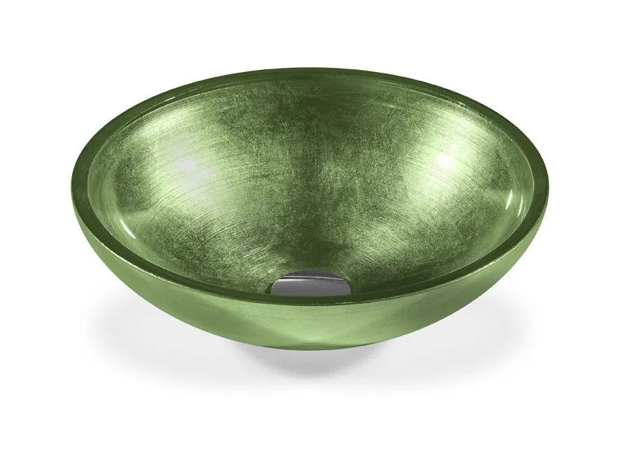 SICIS® Doh Glaswaschbecken Sevalnim 2 rund in Grün – Aufsatzwaschbecken Ø 40 cm aus bleifreiem Glas mit Rigato-Rillenstruktur