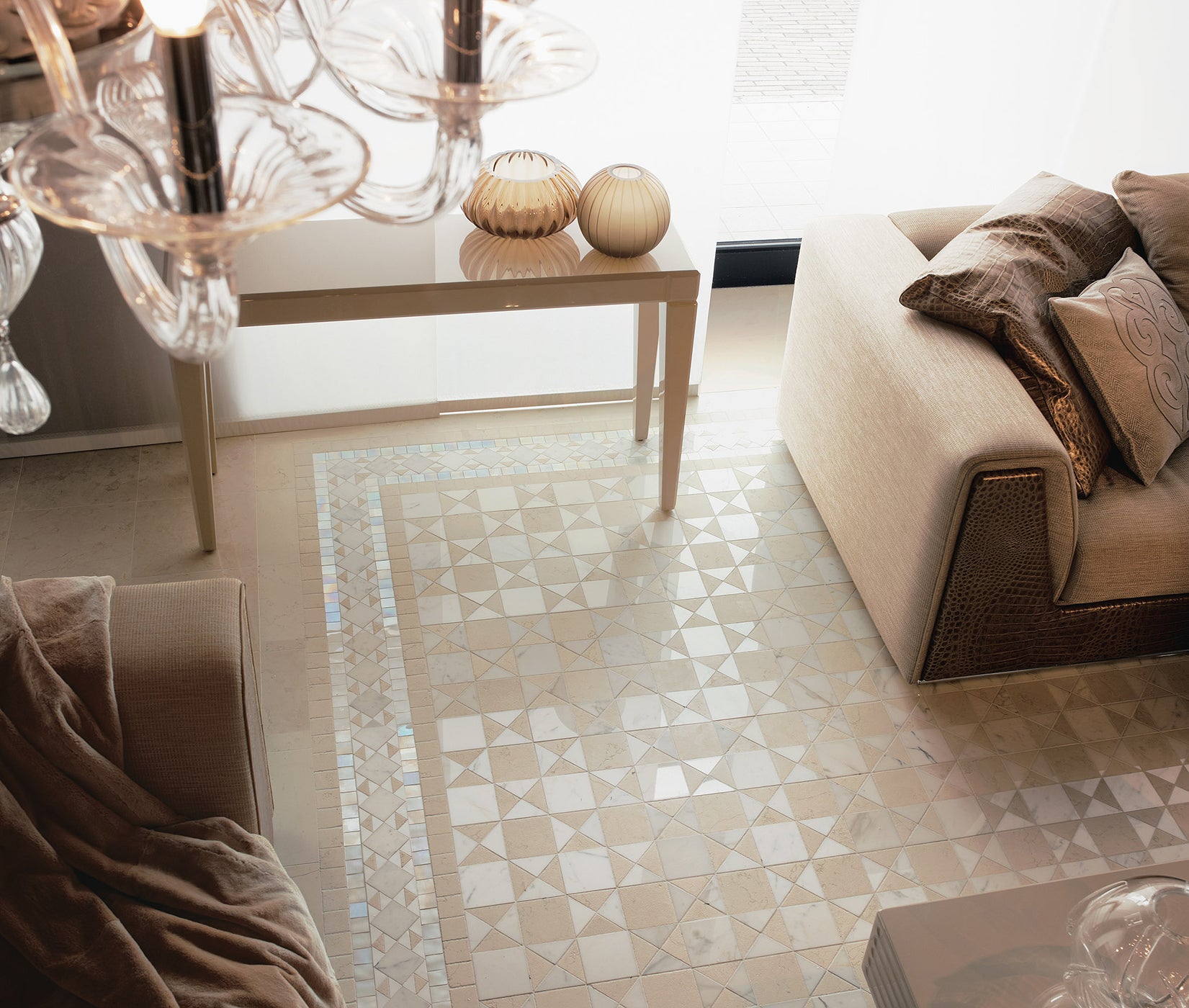 Discover the finest marble tiles in Beige and marble mosaic tiles that lend your space a pleasant calm and elegance. Benefit from our purchase guidance service at Tiamont. Perfect your bathroom with the luxurious Cosmati marble tiles in Beige from Sicis® Italy. Also available with a matching basin with base cabinet in Beige.