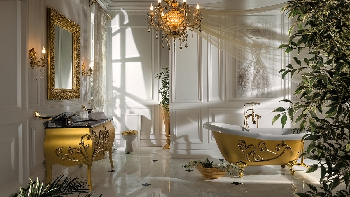 Classic bathroom with golden details, vanity unit and freestanding bathtub.