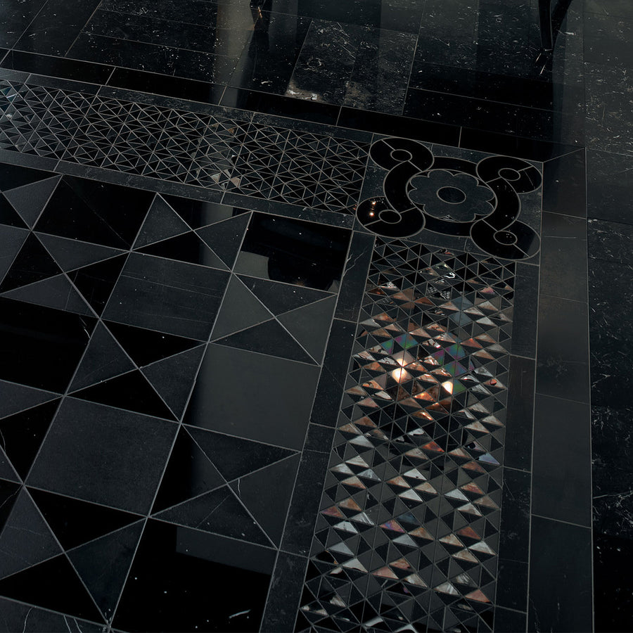Cosmati black SICIS marble mosaic tiles with fine gold accents